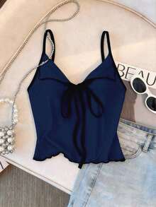 Top de tirantes con lazo y ribete de lechuga en contraste, elegante y ajustado, top para salir para mujeres, apto para el estilo del milenio - Azul marino - Ver 1