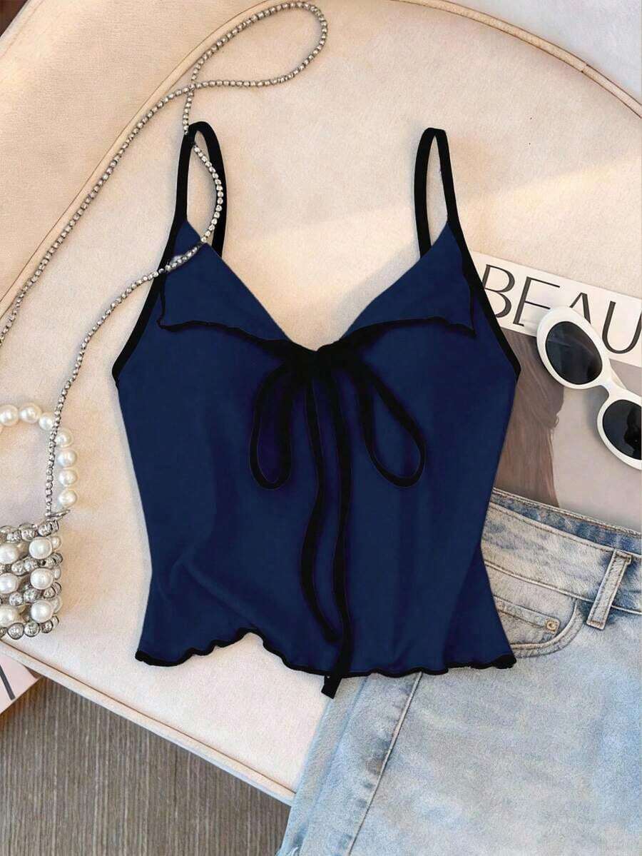 Top de tirantes con lazo y ribete de lechuga en contraste, elegante y ajustado, top para salir para mujeres, apto para el estilo del milenio - Azul marino - Ver 1