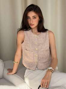 Chaqueta ajustada sin mangas de cuello redondo de unicolor para mujer, primavera y verano - Rosa - Ver 7