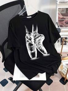 Stylish Women's Ballet Slipper Graphic Tee, Elegant Cotton Blend Tee With Unique Dance Print, Casual Short Sleeve Tee For Ballet Lovers, Comfortable And Fashionable Fit. - 黑色 - 查看 3