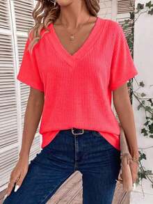 Camiseta de manga corta de uso diario versátil y casual con cuello en V para mujer - Rojo - Ver 5