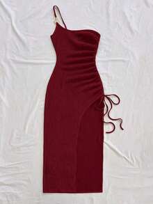 Vestido de mujer con textura de gofre tejido, diseño ajustado con abertura y cordón, adecuado para fiesta, cita, sexy, té de la tarde, playa, verano, festival de música, temporada de bodas - Burdeos 2 - Ver 5