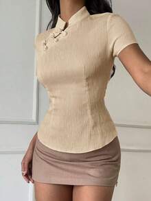 Blusa de cuello Mao de manga corta con cintura ceñida, estilo chino nuevo en color albaricoque, nuevo diseño de primavera/verano para mujer - Caqui - Ver 5