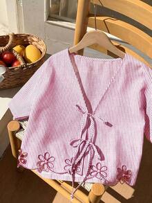 Camisa de mujer tejida a cuadros en verde menta - Rojo - Ver 8