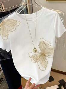 Nuevo estilo de gran , camiseta de mujer de manga corta con rayas decoradas con strass de estilo retro americano, adecuada para ir a la escuela, de compras y salir con amigas por la calle, y versátil en primavera y verano - Multicolor - Ver 1