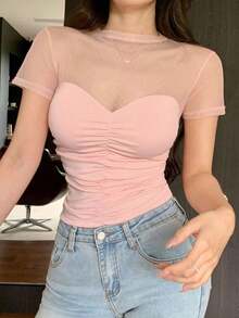 Blusa corta de manga corta de malla transparente elegante y ajustada para mujer, con parches de lunares de malla, ideal para primavera y verano, de uso versátil para San Valentín, boda, fiesta, banquete - Rosa 2 - Ver 2