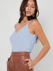 Top de camiseta sin mangas de color negro unicolor, uso casual de negocios, camiseta de otoño - Niebla azul - Ver 3
