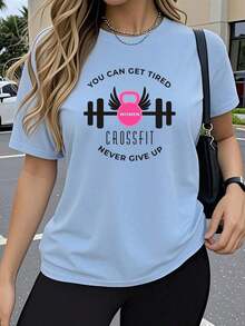 Y2K Women's Casual Short Sleeve T-Shirt - Motivational Graphic Print Of Barbells And Dumbbells For CrossFit, Elastic Crew Neck, Soft And Breathable Fabric, Relaxed Fit For Gym, Workouts And Casual Wear, Sports T-Shirts, Sporty Print T-Shirt, Comfortable T-Shirt - 黑色 - 查看 7