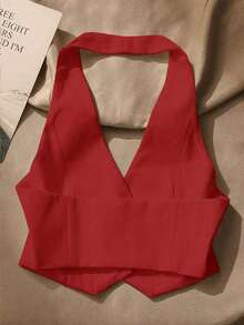 Top sin mangas con espalda descubierta casual para mujer, con botones delanteros, estilo elegante, para verano - Rojo - Ver 2