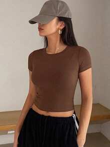 Camiseta de manga corta de unicolor casual para mujer, verano - Marrón 2 - Ver 2