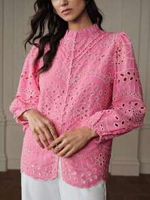 Aveloria Frievida Nueva blusa de manga larga con pliegues delanteros bordados y calados, de estilo francés casual y lujoso, para otoño - Rosa - Ver 4