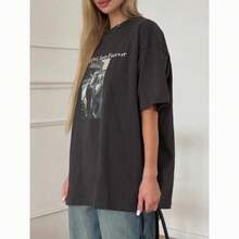Camiseta informal de estilo americano, personalizada, de algodón estampado, holgada, versátil, elegante, de manga corta, estilo retro de Hong Kong, para mujer. - Negro - Ver 2