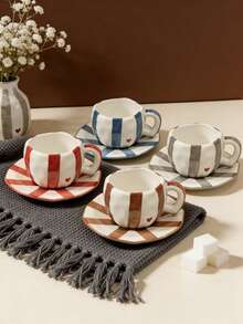 1 Set Taza de Café y Plato de Cerámica con Borde Ondulado y Rayas en Forma de Corazón de 300ml, Hecho de Cerámica de Alta Calidad sin Plomo, Taza con Asa Resistente al Calor, Apto para Lavavajillas. Perfecto para Disfrutar de Varias Bebidas, Se Puede Usar como Taza de Jugo, Taza de Avena, Taza de Café, Etc., También Adecuado como Set de Regalo o Útiles Escolares. También Se Puede Usar como Regalo de Inauguración de Casa, Regalo de Boda - Multicolor - Ver 11