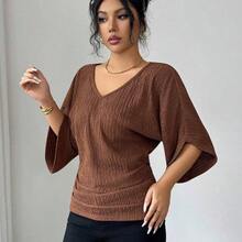 Women's Coffee Brown Textured Fabric V-Neck Loose Waist Ruched Design Elegant Classy Birthday Gift Date Party Teacher's Day Independence Day Double 11 Shopping Festival Back To School Single's Party Holiday Christmas Eve Thanksgiving Halloween Christmas Carnival Diwali New Year Travel Vacation Streetwear - Café integral - Ver 6
