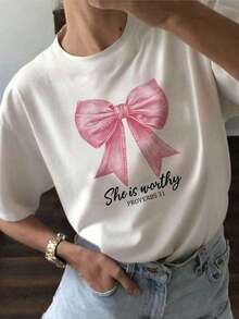 100% Cotton Women's Casual T-Shirt, Round Neck, Short Sleeve, Regular Fit, With Pink Bow And "She Is Worthy" Print - 白色 - 查看 3