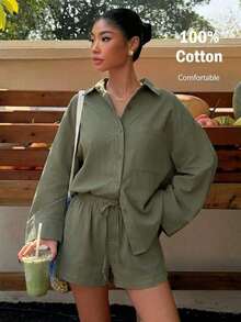 Conjunto de camisa tejida blanca y pantalones cortos de verano, nuevo y casual para vacaciones de mujer - Verde militar - Ver 7