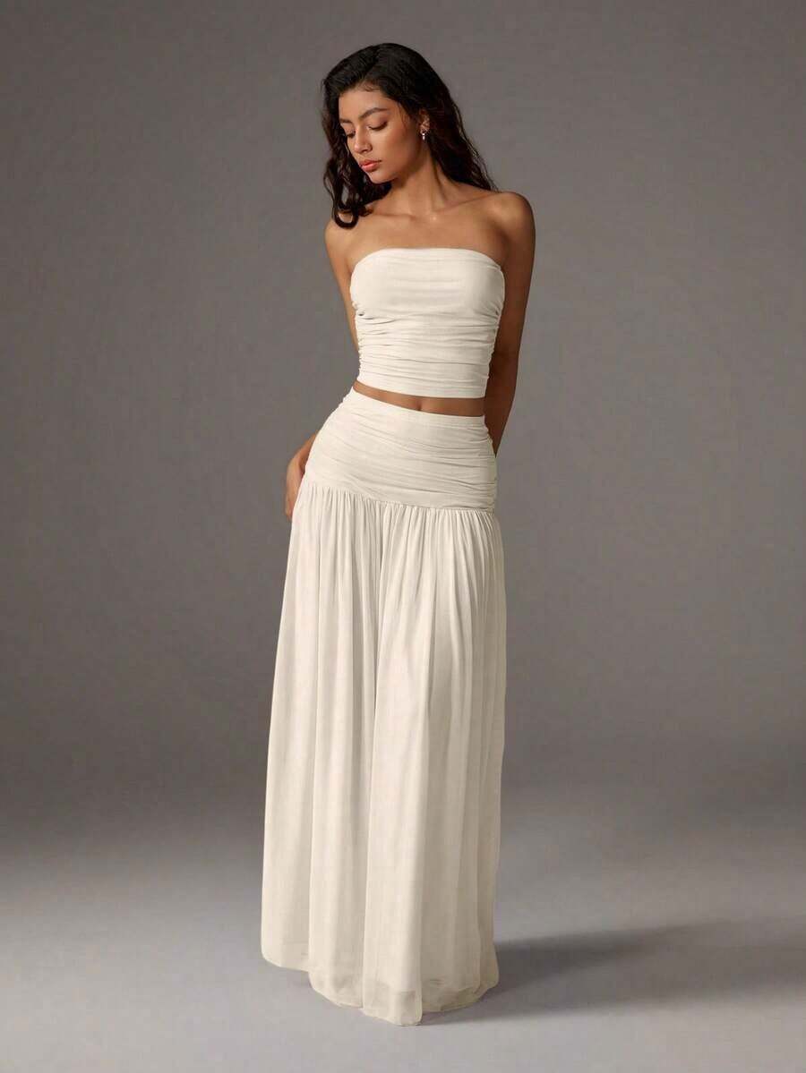Unity Conjunto de 2 piezas de top corto de bustier de malla de unicolor y falda larga para mujer - Albaricoque - Ver 1