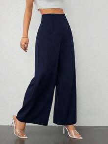 Pantalones anchos de cintura alta con textura, moda casual sencilla para la temporada de vuelta al colegio, estilo de dinero viejo para ir y venir - Azul marino - Ver 4