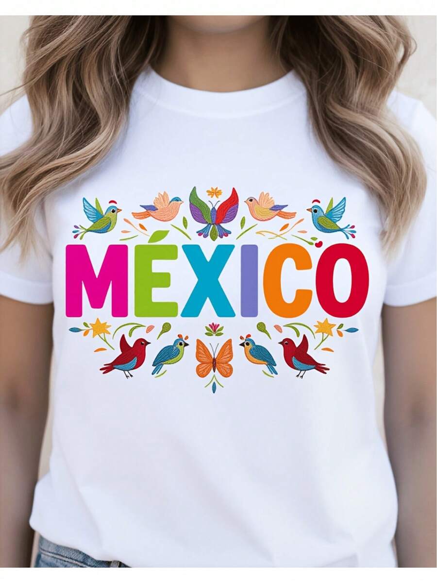 Camiseta gráfica para mujer con temática de México y diseño vibrante de pájaro y mariposa, perfecta para uso casual y celebraciones culturales. Camiseta de mujer de diseño casual holgado, ligeramente extralarga - Blanco - Ver 1