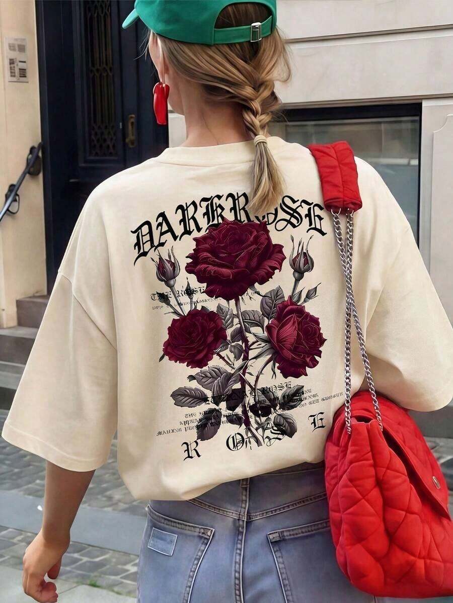 Camiseta de mujer con estampado rosa oscuro, ideal para otoño. Cómoda, de manga corta y cuello redondo. Tejido ligeramente elástico. - Albaricoque - Ver 1