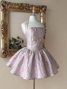 Vestido elegante, romántico y de moda de tela jacquard burdeos con escote halter, espalda descubierta y manga larga en corte evasé, adecuado para ceremonia de graduación, apertura de escuela, festival de música, fiesta de cumpleaños, boda, té de la tarde, baile de graduación - Lila Púrpura - Ver 7