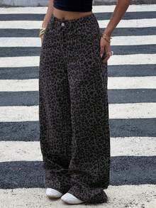 Jeans anchos y sueltos con estampado de leopardo, estilo casual y chic de la calle para uso diario - Gris - Ver 3