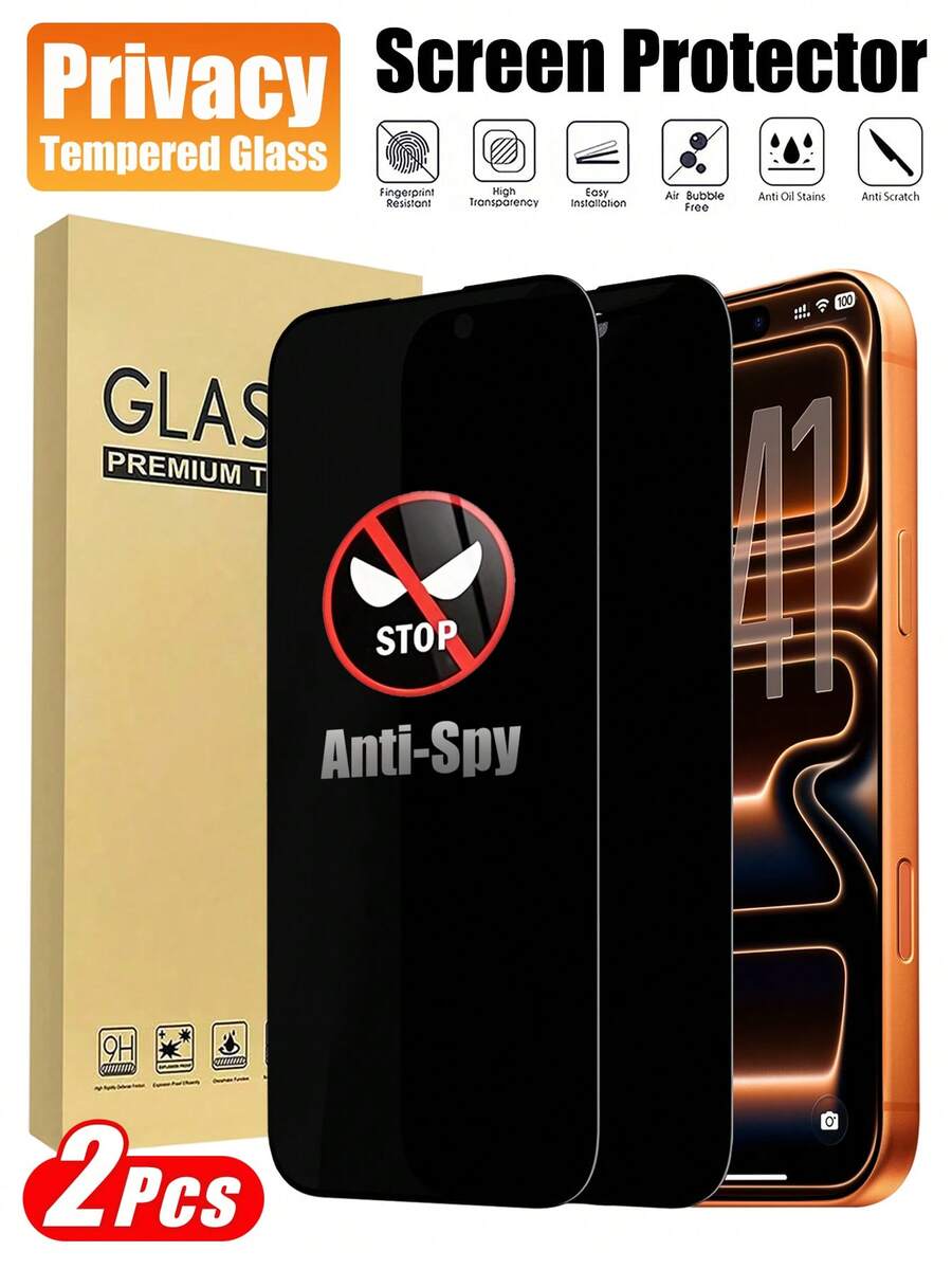 2pcs 17 Pro Max Privacy Tempered Glass Screen Protector, Ultra Clear Transparency, Silk Printed Black Edge, Anti-Glare Eye Protection, Bubble-Free Easy Installation, Compatible With Phone Cases, High Hardness Glass Anti-Peeping, Full Screen Privacy Protection, Suitable For 18Promax/18Pro/18/17 Pro/17/16 Pro Max/16 Pro/16 Plus/16/15/14/13/12/11, Practical Phone Accessory