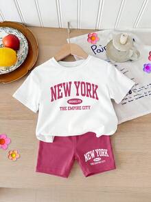 2pcs/Set Young Girl' Fashionable New York Print Short Sleeve Top And Shorts Set, Colorblock Casual Summer Outfit - White - View 1