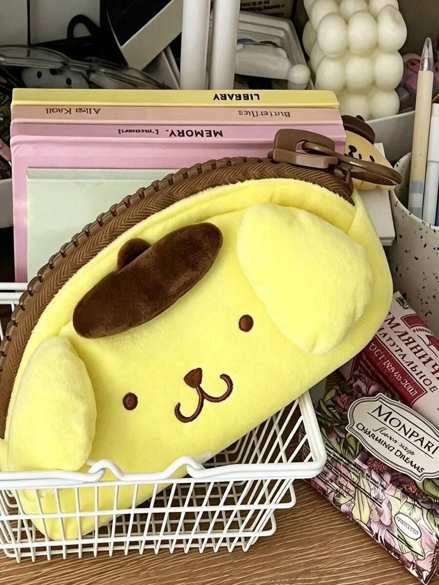 SANRIO 可爱布丁狗毛绒铅笔盒，三丽鸥卡通风格黄色蓬松铅笔袋，大容量拉链文具袋，柔软卡通化妆品收纳袋，适合学生和女生 - 黃色小狗 - 查看 1