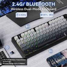 FREEWOLF M75 无线游戏键盘，机械手感薄膜键盘，带旋钮和 OLED 显示屏，蓝牙/2.4GHz，彩虹背光 PBT 键帽，2000mAh 电池，防鬼键 - 查看 4
