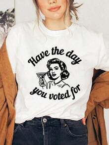 Camiseta Vintage con Estampado Gráfico "Espero que obtengas tu voto algún día", Manga Corta, Cuello Redondo, Top Casual para Verano y Primavera, Ropa de Mujer a la Moda - Blanco - Ver 1