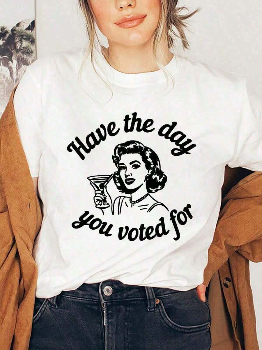 Camiseta Vintage con Estampado Gráfico "Espero que obtengas tu voto algún día", Manga Corta, Cuello Redondo, Top Casual para Verano y Primavera, Ropa de Mujer a la Moda - Blanco - Ver 1