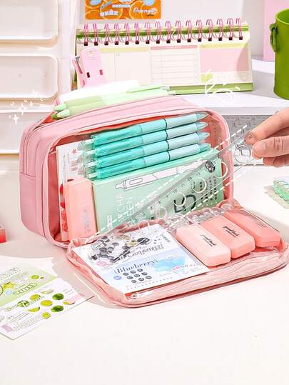 1 pieza Estuche de lápices de gran capacidad, bolsa de cosméticos portátil, bolsa de almacenamiento de escritorio adecuada para oficina, dormitorio, examen, lápices, papelería, herramientas de maquillaje, regalo para amigos y compañeros de clase