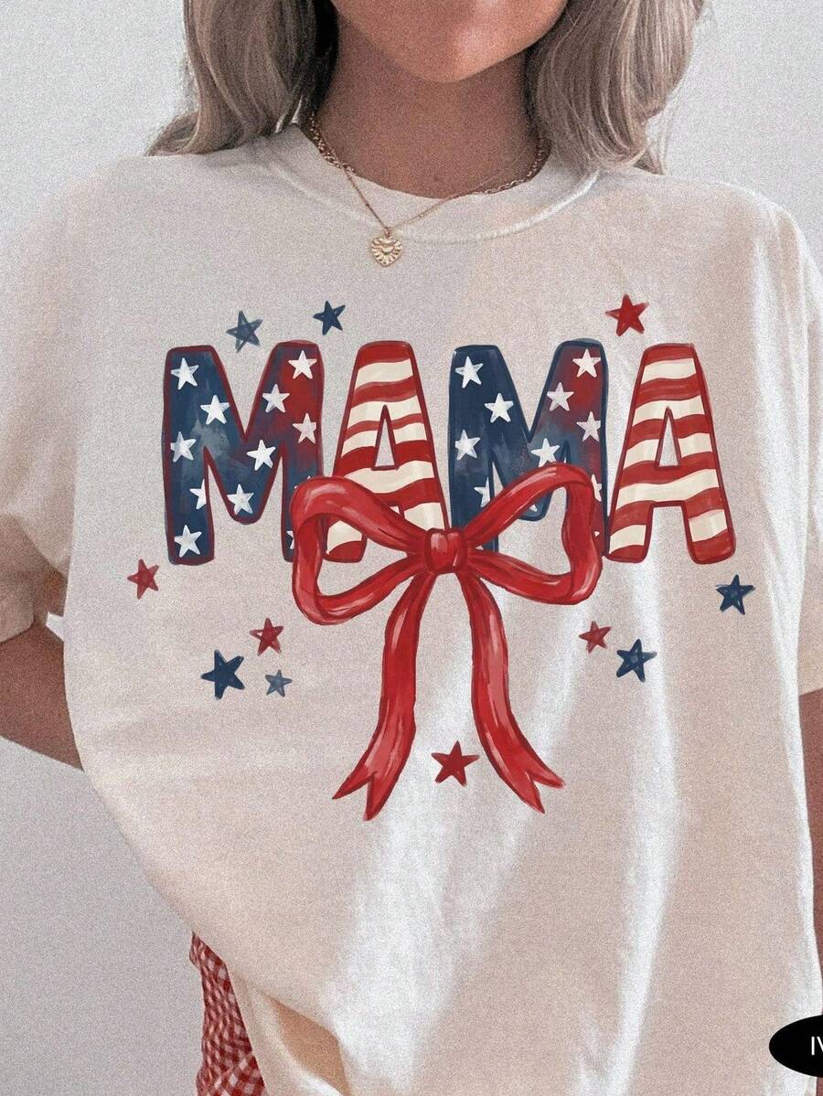 American Mama T-Shirt For The 4th Of July, Patriotic T-Shirt For Mom, Gift For Mom. Unisex 220g Pure Cotton T-Shirt, Ideal Weight For All Seasons, Suitable For Both Men And Women. Durable, High-Quality Fabric, Soft To The Touch And Long-Lasting. Breathable Top. Suitable For Women's Spring And Summer, Holidays, Mother's Day, Independence Day. - 白色 - 查看 1