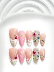 10pcs Handmade Fairy Tale Style Nail Art Stickers, Gel Nail Kit, Heart, Butterfly & Star Colorful Rhinestone Nail Decorations, Flower, Insect, Bow Nail Art Decals, Pink, Green & White Nail Polish, Fresh Style, Includes Nail Tools (1 Jelly Sticker + 1 Nail File), 3 Sizes Available: Square, Short Square, Almond, Suitable For Parties, Daily Wear, Photoshoot, Spring/Summer Commute - Multicolor - View 13