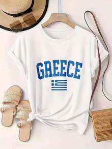 Camiseta Casual de Mujer con Diseño de la Bandera de Grecia Vintage Impreso en Tela Blanca, Adecuada para Todas las Temporadas  
 BlackFashion - Blanco - Ver 2