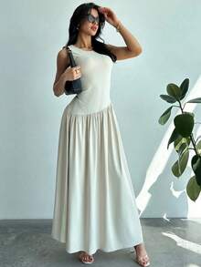 Vestido largo de mujer sin mangas, cuello redondo, cintura fruncida, unicolor, estilo minimalista - Albaricoque - Ver 5