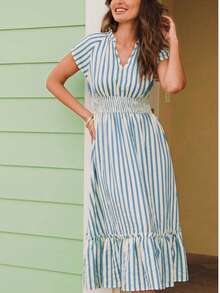 1pc Blue & White Striped Shirred Shirred Waist Ruffle Hem Mid-Length Dress, French Casual Slimming Flared Skirt Elegant Summer - Blue - View 1