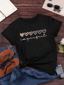 Playera de mujer de algodón suave con estampado gráfico de corazones y texto inspirador, estilo casual, manga corta, ideal para primavera y verano - Negro - Ver 7