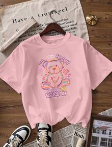 T-Shirt With Graffiti-Style Teddy Bear And "Be Happy" Text,  Short-Sleeve T-Shirt For Spring/Summer 2026, Made In Mexico, 180 Grams. Cartoon Print, Couple Design, Suitable For Indoor Or Outdoor Wear. Crew Neck, Unisex, Ideal For The Office And Leisure. One-Pack. - PK-P631577SLNDXZGY498 - 查看 3