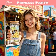 Disney 【官方授权】迪士尼公主玻璃杯 16 盎司 - 贝儿、爱丽儿、乐佩、茉莉公主图案，带竹制杯盖和吸管 | 童话冰咖啡杯，送给女孩和女士的可爱礼物 - 彩色 - 查看 2