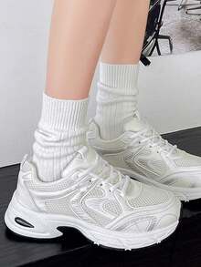 Women's Four-Season Lightweight Breathable Mesh Running Shoes - Thick-Soled Height-Increasing Sports Casual Shoes, Perfect For Campus, Outdoor - 米色和白色 - 查看 5