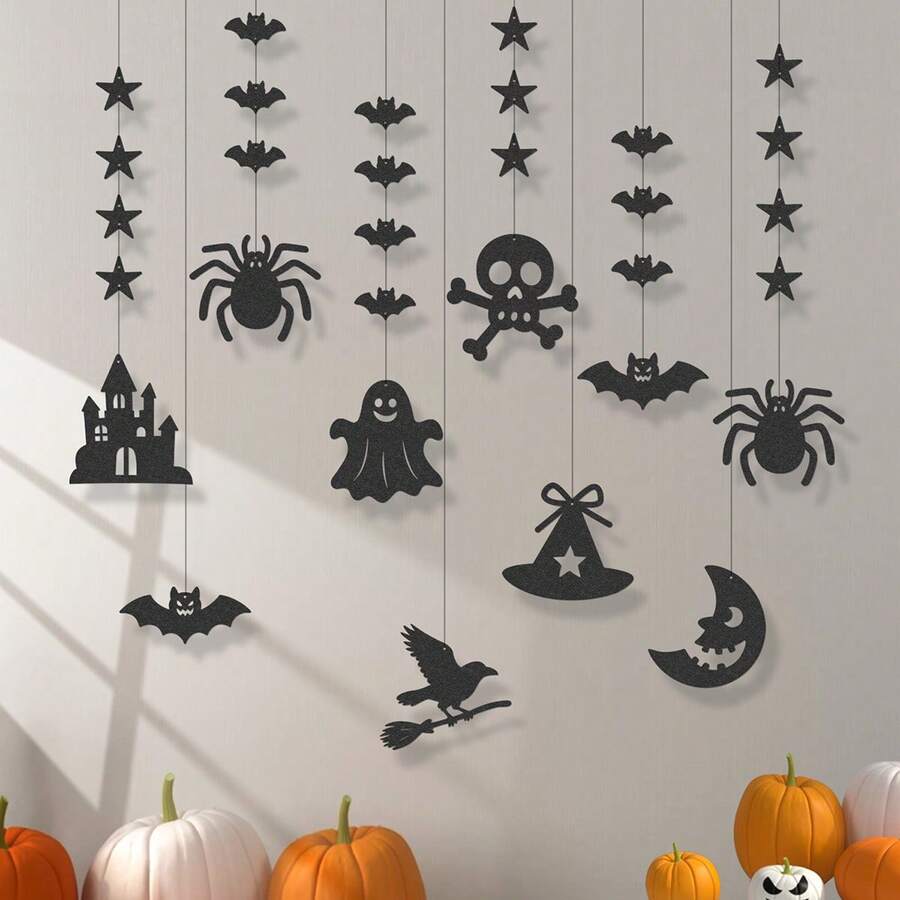 1 Set Of 10 Halloween Bunting Garlands, Party Backdrop Wall Decor Banner With Pumpkin, Bat, Ghost, Spider, Skull Hanging Ornaments - Multicolor - View 1