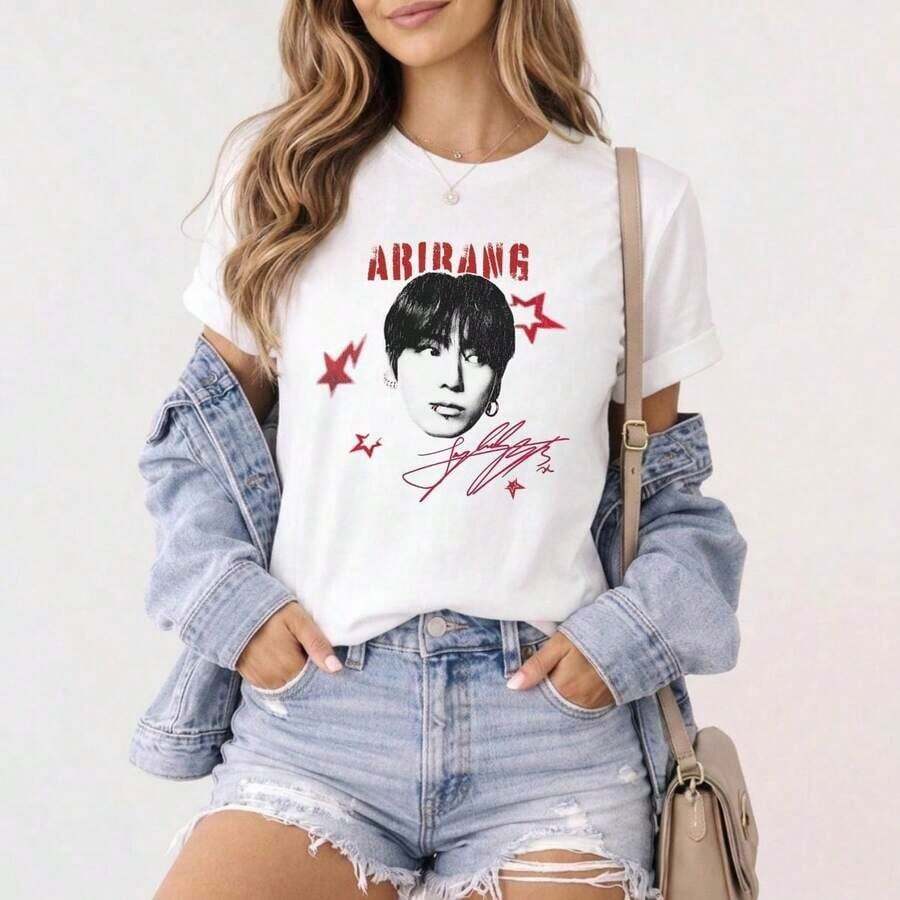 J-Hope Arirang , World Tour 2026, Merch T-Shirt, Bangtan 2026 Merch, BTTS Concert, P Army, Gift, Unisex T-Shirt, Unisex Urban Vintage Style, Loose Fit Short Sleeve Cotton T-Shirt With Round Neck, Blouses For Women. Casual Blouses For Ladies. - 白色 4 - 查看 1