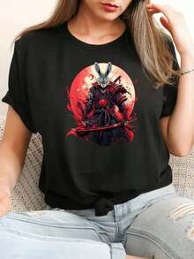 Under The Radar Women's Short Sleeve Crew Neck T-Shirt With Samurai Rabbit Print On Red Background, Anime Art Design For Women, Casual Fashion Streetwear T-Shirt, White-Vintage Street Style Unisex Loose Cotton Short Sleeve Crew Neck T-Shirt - 黑色 - 查看 3