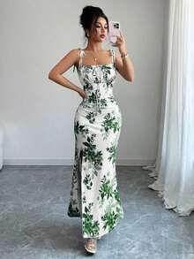 Nuevo vestido de mujer con tirantes de espagueti, lazo en la cintura, diseño de dobladillo fruncido y abertura, versátil para citas, fiestas y uso diario, favorecedora y elegante - Verde - Ver 6
