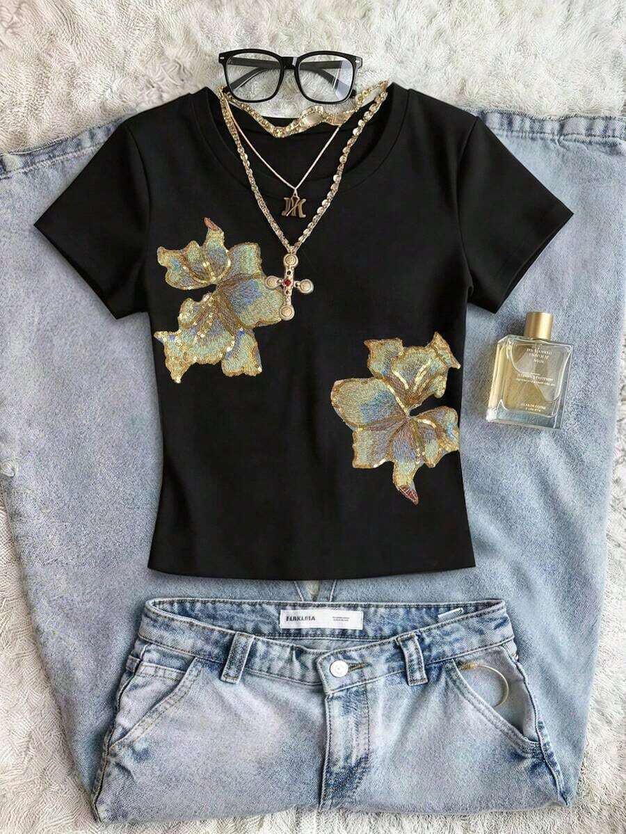Camiseta casual de manga corta y cuello redondo con gráfico de niña de mezclilla para mujer, de verano - Estilo - Ver 1