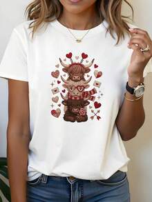Women's Spring/Summer Short Sleeve T-Shirt With Highland Cow Heart Print And Envelope Design, Round Neck, Casual Gift For Shopping And Holidays, Outfit For Friends Gatherings And Vacations. Women's Warm Clothing - 白色 - 查看 1