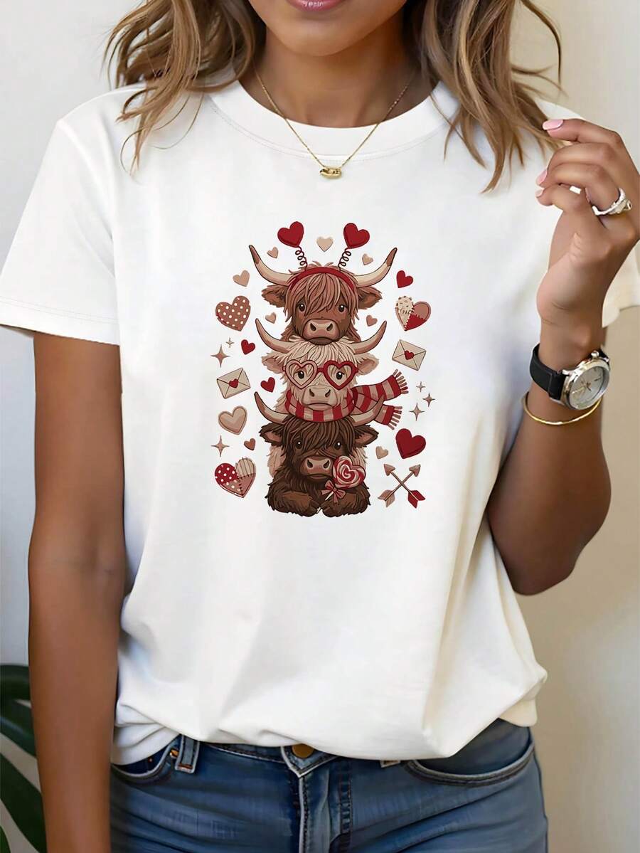 Women's Spring/Summer Short Sleeve T-Shirt With Highland Cow Heart Print And Envelope Design, Round Neck, Casual Gift For Shopping And Holidays, Outfit For Friends Gatherings And Vacations. Women's Warm Clothing - 白色 - 查看 1