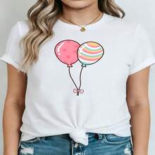 Womens Casual Cotton Short Sleeve Round Neck T-Shirt with Cute Balloon Print Regular Fit Top - Blanco - Ver 1
